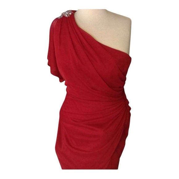 One Shoulder Red dress with Silver Rhinestones embellishment on shoulder. - Picture 2 of 8
